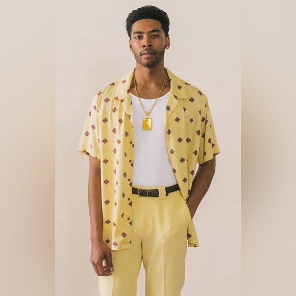 Bogey Boys Yellow Geo Print Button Front Short Sleeve Shirt Mens Size Medium NEW - Picture 6 of 6